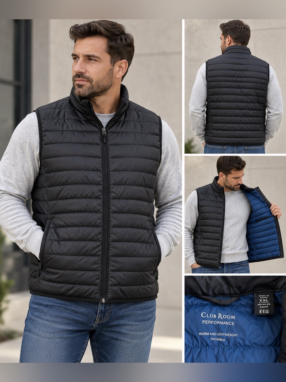 Club Room Black Packable Quilted Performance Vest with Blue Lining Sz XXL